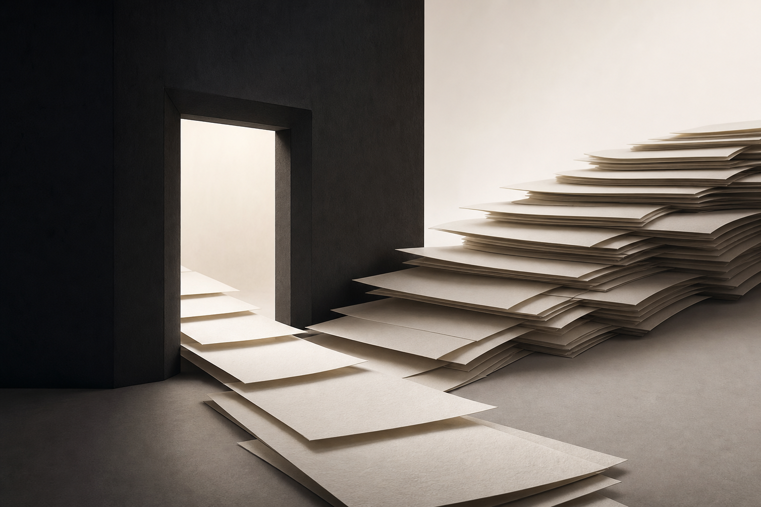 A dark doorway opening to a warm white space, with layered sheets of paper building up on the right.